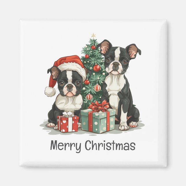 Imã Feliz Natal - Boston Terrier Dogs (Frente)