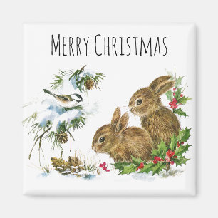 Imã Feliz Natal Bunnies e Pássaros Aproveitem o Neve M