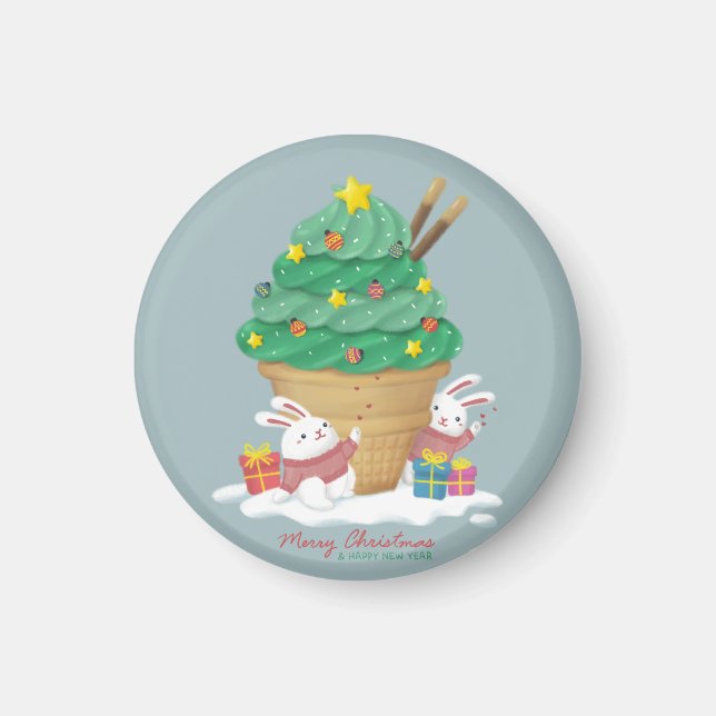 Imã Feliz Natal: Bunnies & Sorvete (Frente)