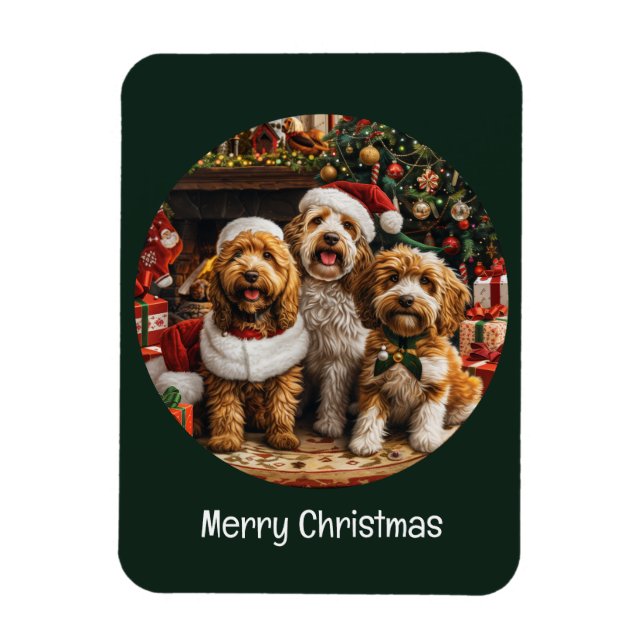 Ímã Feliz Natal Cachorro de Cachorro de Goldendoodle (Vertical)