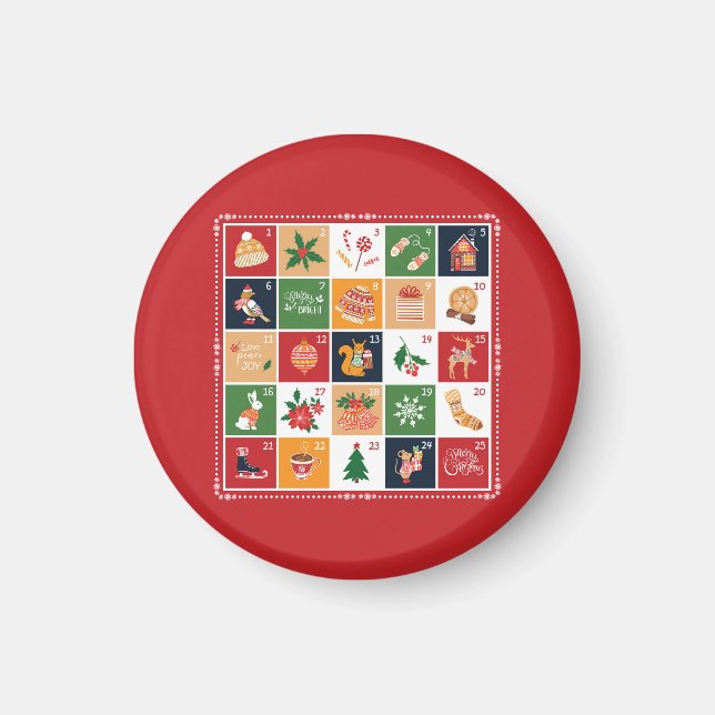 Imã Feliz Natal Calendário Avançado Poinsettia Vermelh (Frente)
