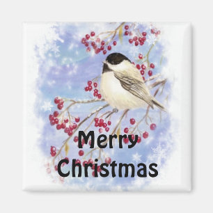 Imã Feliz Natal Chickadee Snowy Berry Tree