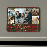 Ímã Feliz Natal - Colagem de Fotos - xadrez russa<br><div class="desc">Elegante na moda Merry Christmas faux gold clássico calliografia guião de cinco fotos da família vermelha verde xadrez tartan rustic magnet com seu texto personalizado personalizado.</div>