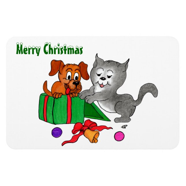 Ímã Feliz Natal com Cat e Puppy (Horizontal)