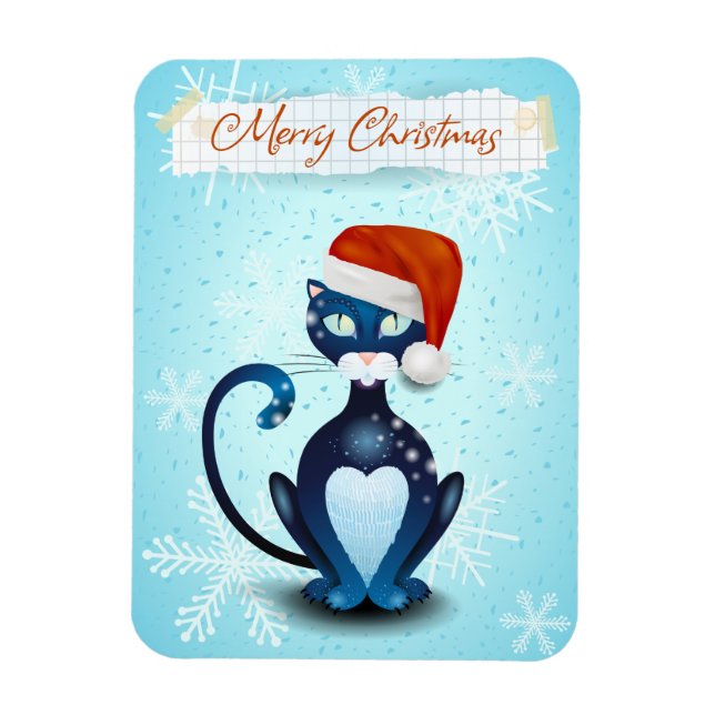 Ímã Feliz Natal com Gato Negro com Papai noel Hat (Vertical)