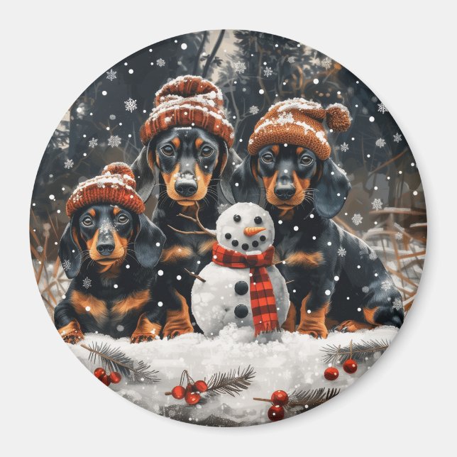 Imã Feliz Natal Dachshund Dogs Snowman (Frente)