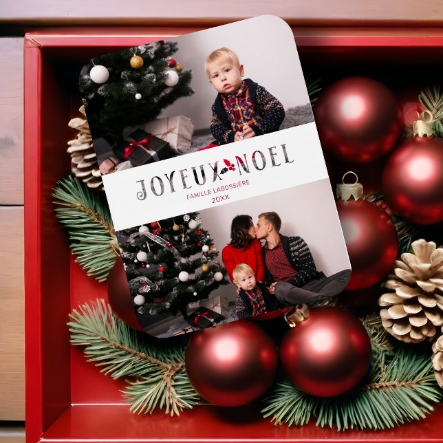 Ímã Feliz Natal Efeito de Papel Recortado Francês Foto (Joyeux Noël French Cut Paper Effect Christmas Custom Photo Script Holidays Card. )