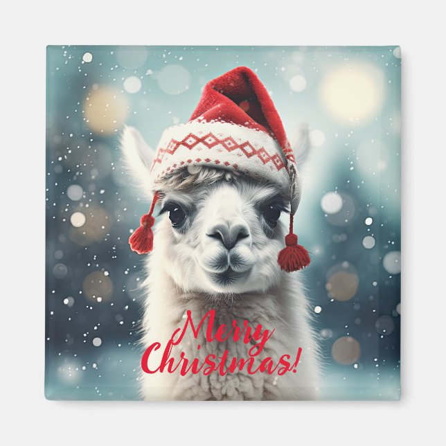 Imã Feliz Natal Engraçado, Cute Lllama Alpaca Santa Ha (Frente)