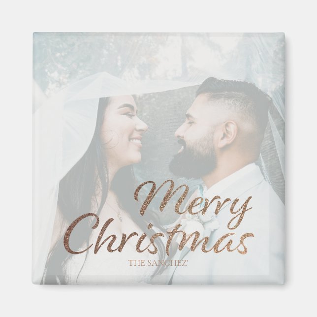 Imã Feliz Natal Faux Dourado Foto e Nome Personalizado (Frente)