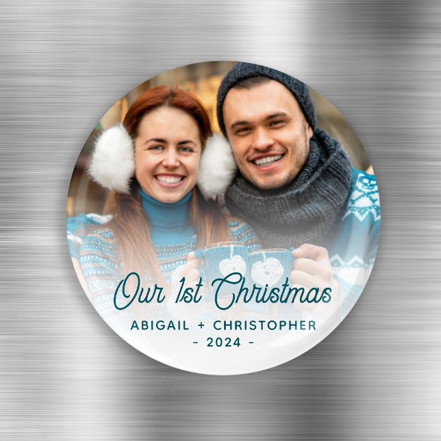 Imã Feliz Natal Foto Casados Turquesa Script (Criador carregado)