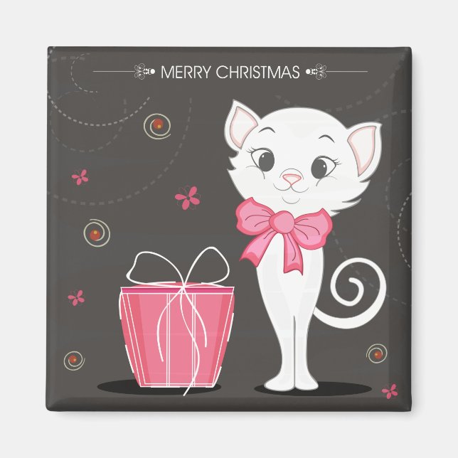 Imã Feliz Natal Gatinho branco Bonito a rosa (Frente)