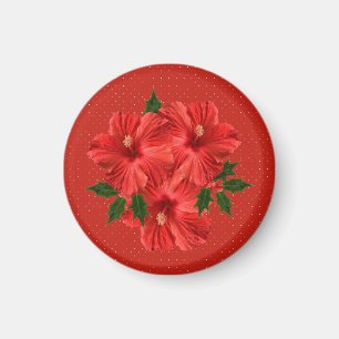 Imã Feliz Natal Hibiscus Holly Holiday Vermelho e Verd