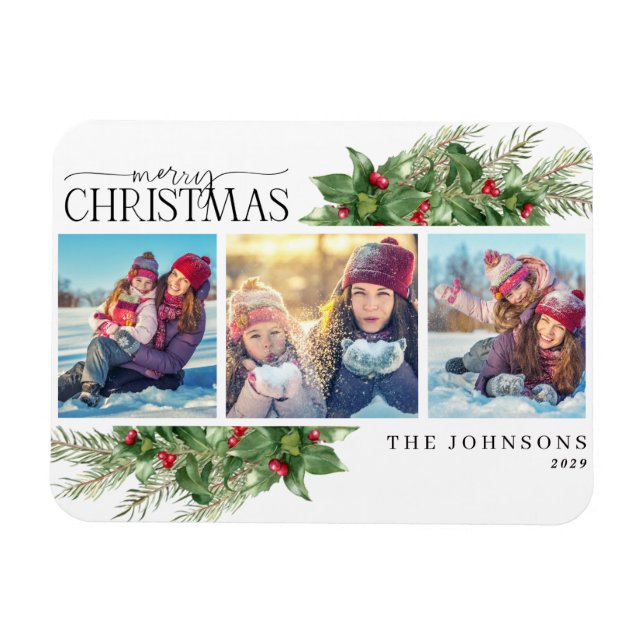 Ímã Feliz Natal Moderno Holly Berry Fotografia Magnet (Horizontal)