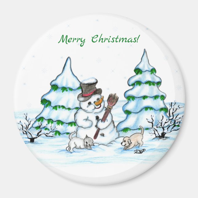 Imã Feliz Natal! Neve com Cat e Puppy (Frente)