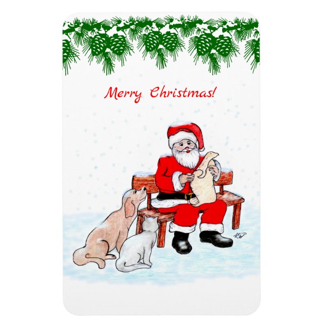 Ímã Feliz Natal - Papai Noel com Gato e Cachorro (Vertical)