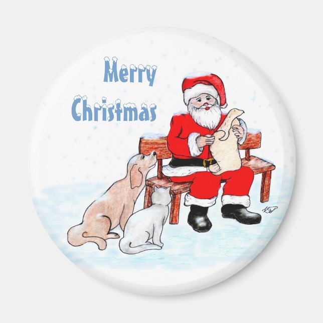 Imã Feliz Natal - Papai Noel com Gato e Cachorro (Frente)