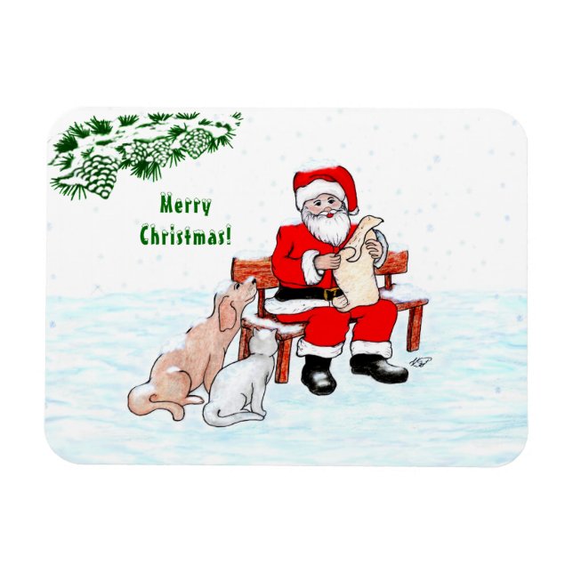 Ímã Feliz Natal! Papai Noel com Gato e Cão (Horizontal)