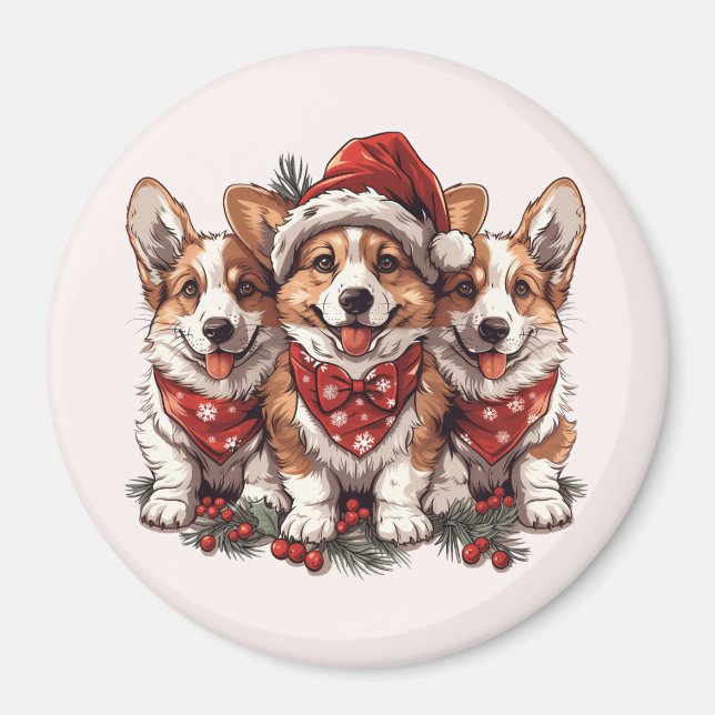 Imã Feliz Natal Pembroke Welsh Corgi Puppies (Frente)