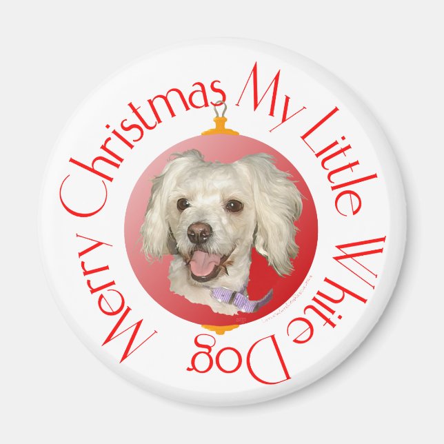 Imã Feliz Natal Pequeno Poodle de Cachorro Branco / Bi (Frente)