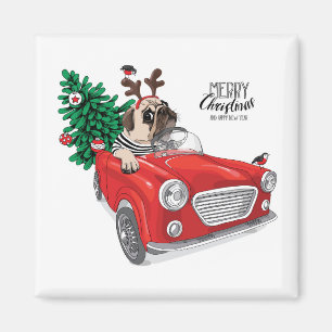 Imã Feliz Natal Pug Carro vintage de condução