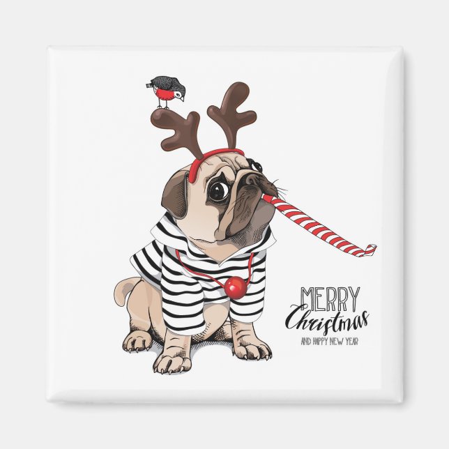 Imã Feliz Natal | Pug Reindeer (Frente)