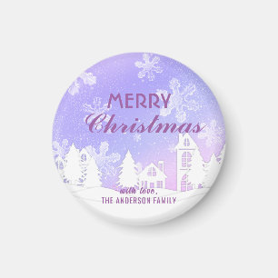 Imã Feliz Natal Purple White House Flocos de Neve