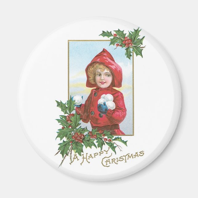 Imã Feliz Natal Rapariga com Snowball (Frente)