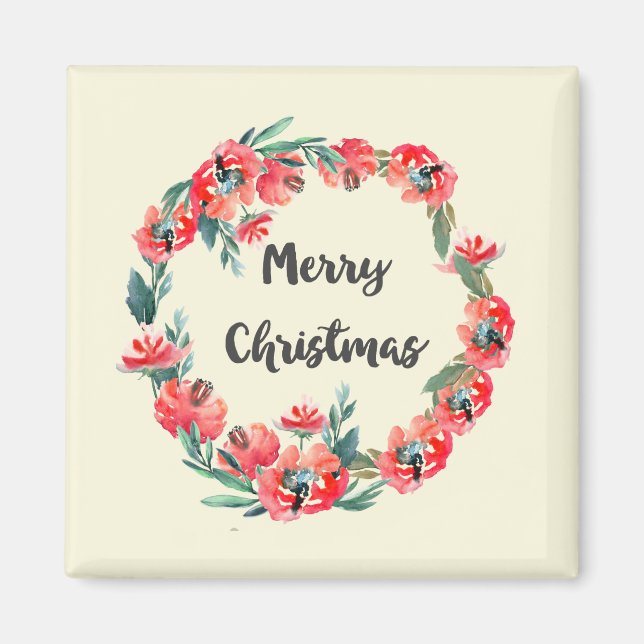 Imã Feliz Natal Red Floral Watercolor Wreath (Frente)