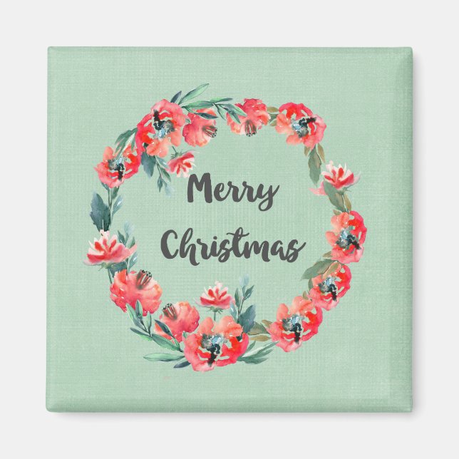 Imã Feliz Natal Red Floral Watercolor Wreath (Frente)