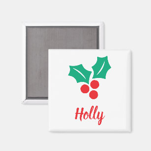 Imã Feliz Natal Red White Holly Nome Personalizado de