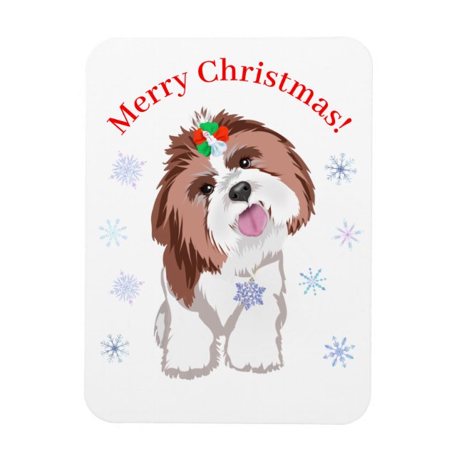 Ímã Feliz Natal Shih Tzu Com Cachorro Floco de Neve  (Vertical)