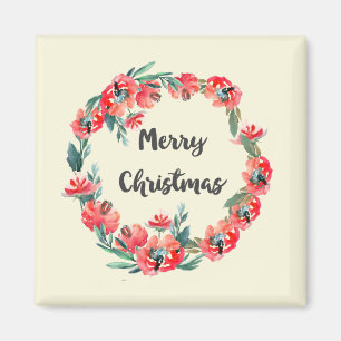Imã Feliz Natal Vermelho, Floral, Watercolor Wreath