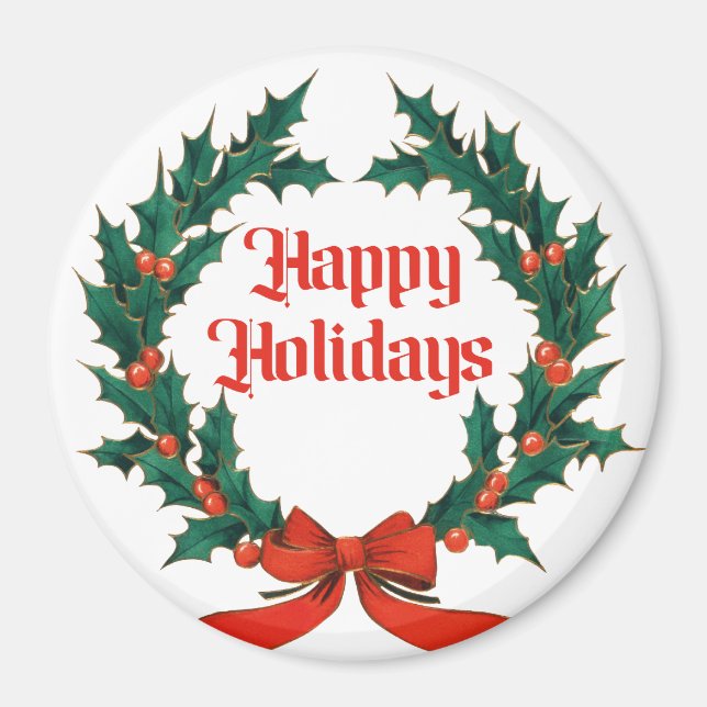 Imã Feliz Natal Vintage Holly Wreath (Frente)