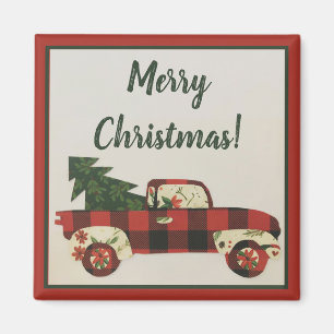 Imã Feliz Natal Vintage Truck Square Magnet