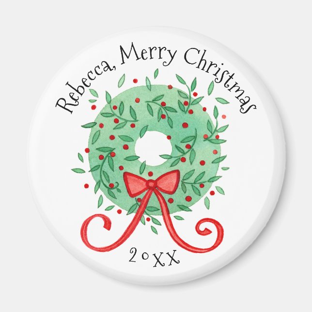 Imã Feliz Natal, Wreath Adicionar Nome e Ano (Frente)