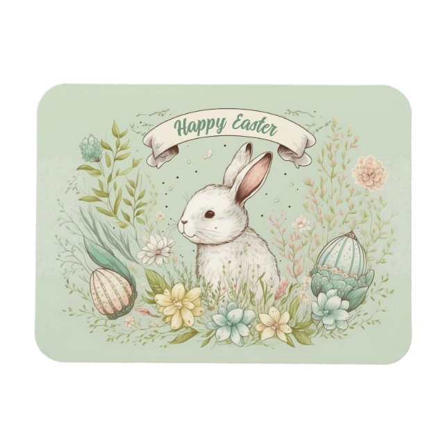 Ímã Feliz Páscoa Coelho Branco com Flores de Primavera (Horizontal)