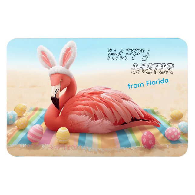 Ímã Feliz Páscoa do Flamingo Bunny da Flórida na Praia (Horizontal)