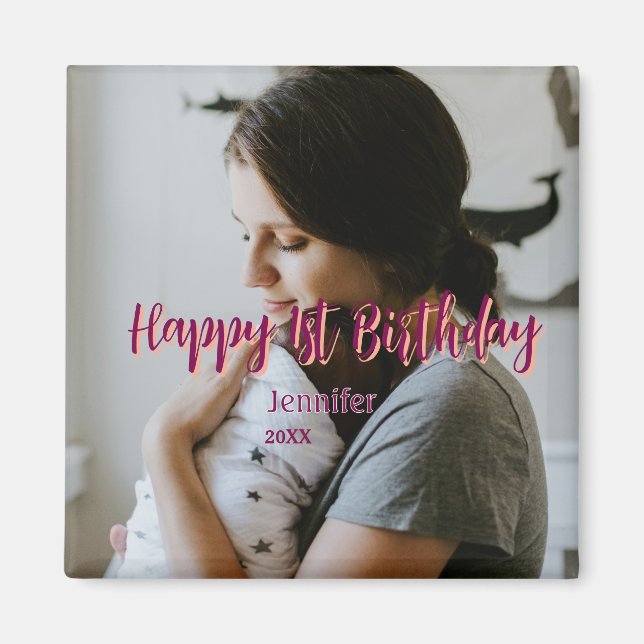 Imã Feliz primeiro aniversario, bebê mãe vermelha, lar (Frente)