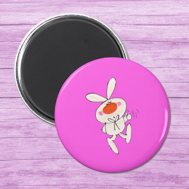Imã Feliz Rabbit Branco Canto Dançante (Cute cartoon white rabbit big nose thumbs up sign on hot pink round magnet.)