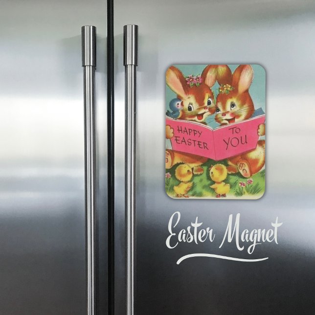 Ímã Felzs pascoa e Pintinhos retrorreflectores da Vint (Vintage Retro Happy Easter Bunnies and Chicks Magnet)