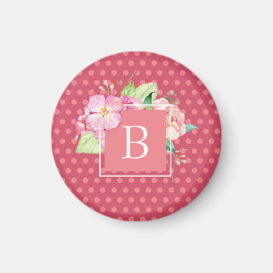 Imã Feminino Monogramado com Pontos Rosa e Floral Cora