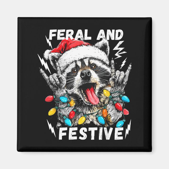 Imã Feral And Festive Funny Christmas Rocker Raccoon S (Frente)