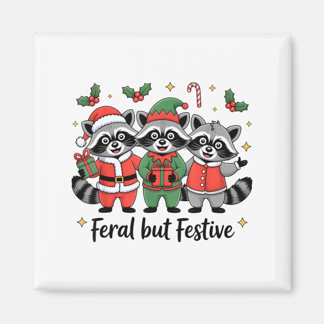 Imã Feral But Festive Funny Christmas Cute Raccoon Elf (Frente)