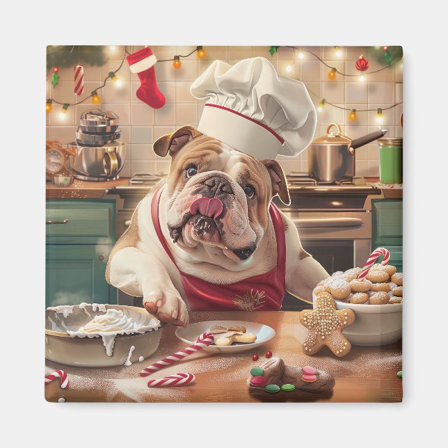 Imã Feriado Inglês Bulldog Baking: Natal Festivo (Frente)