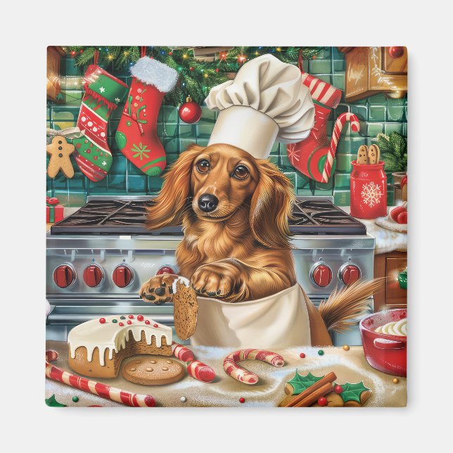 Imã Férias Dachshund Baking: Natal Festivo (Frente)