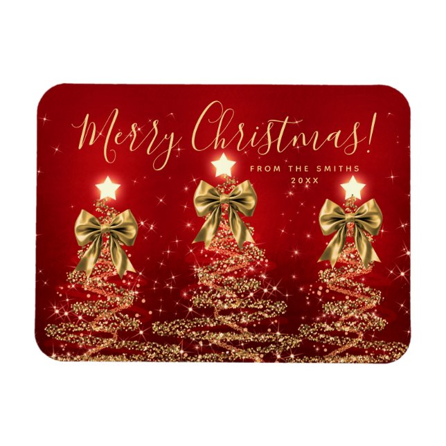 Ímã Férias Elegantes Dourado Vermelho Árvores de Natal (Horizontal)