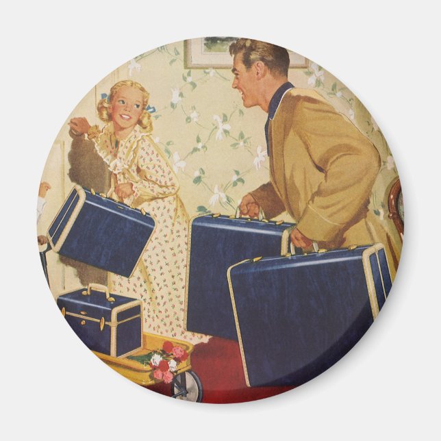 Imã Férias Familiares Vintage, Pais, Crianças e Suitca (Frente)