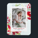 Ímã Fesação De Aquarela Poinsettia Foto De Natal<br><div class="desc">Feliz feriado! Mande alegria de férias e desejos para a família e amigos com este ímã de fotos de feriado floral. Apresenta ilustração aquosa de flores vermelhas,  agulhas de pinheiros e verde com fundo azul-aqua claro. Personalize com sua foto favorita e adicione nomes. Itens correspondentes estão disponíveis.</div>