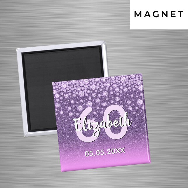 Imã Festa de 60 anos roxo rosa brilho nome (Criador carregado)