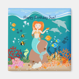 Imã Festa de aniversário da sereia e golfinhos debaixo